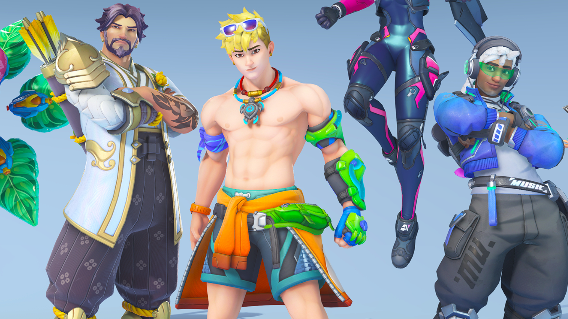 A close-up of Overwatch 2 heroes wearing skins from season 18. In the center is a shirtless Wuyang with blonde hair, a six pack of abs and swim shorts. On his left is Hanzo wearing a gold embroidered coat and dark pants. On the right is Lucio with white hair, a blue jacket, and grey techwear pants.