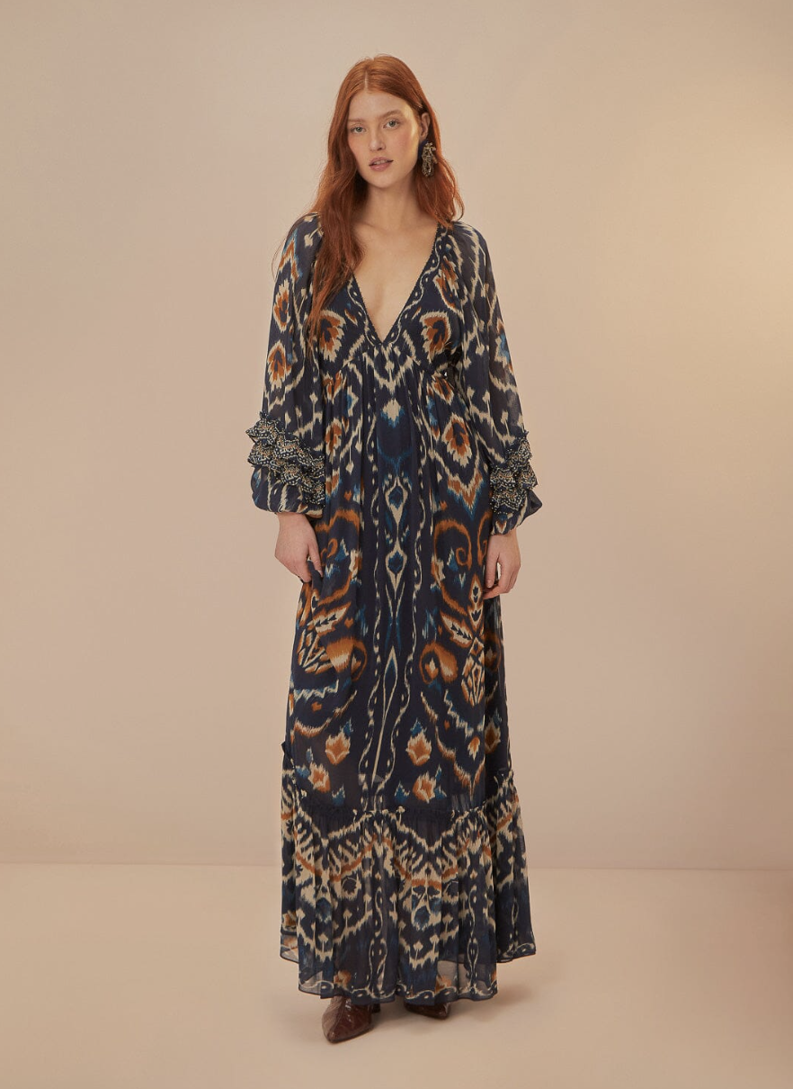 FARM RIO, Pineaple Ikat Blue Maxi Dress