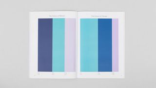 Page spread of soothing dark blues, aquas, and pastel pinks