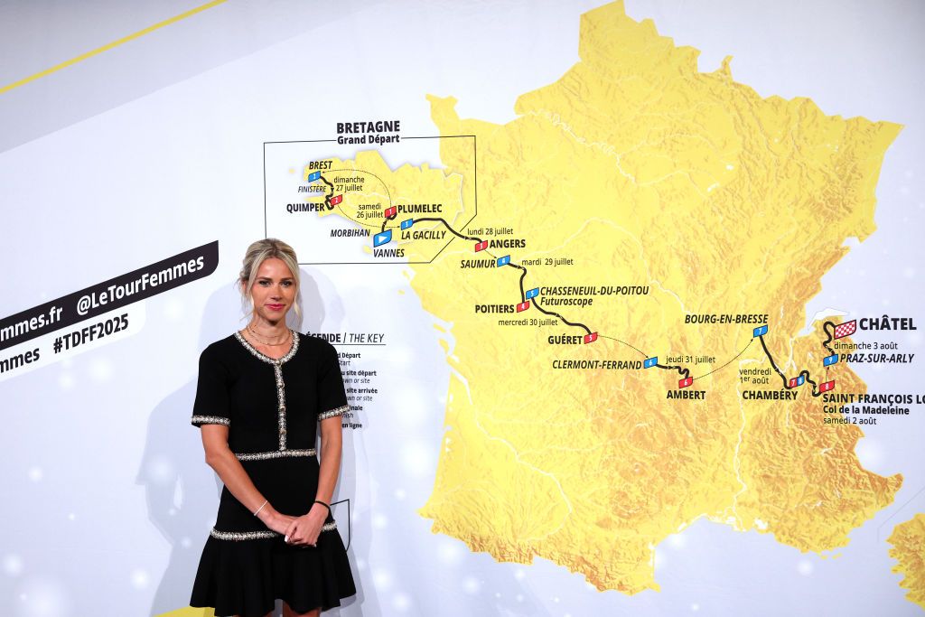 Marion Rousse with the 2025 Tour de France Femmes route map