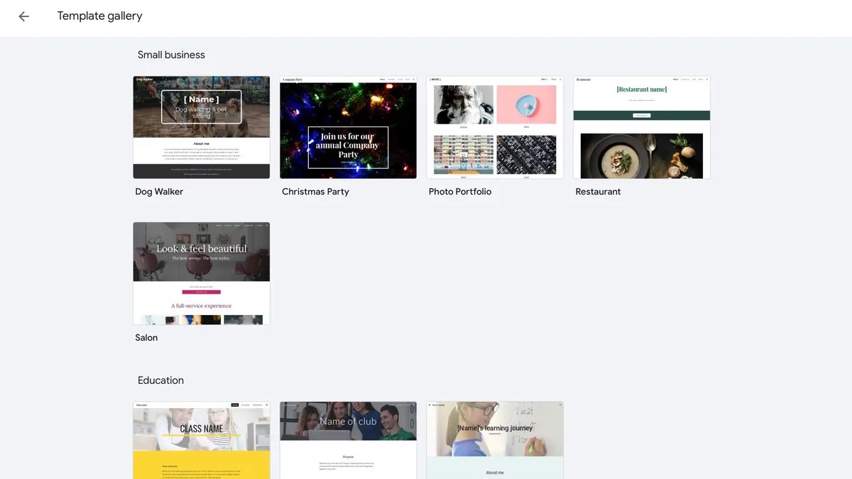 Screenshot of Google Sites website builder