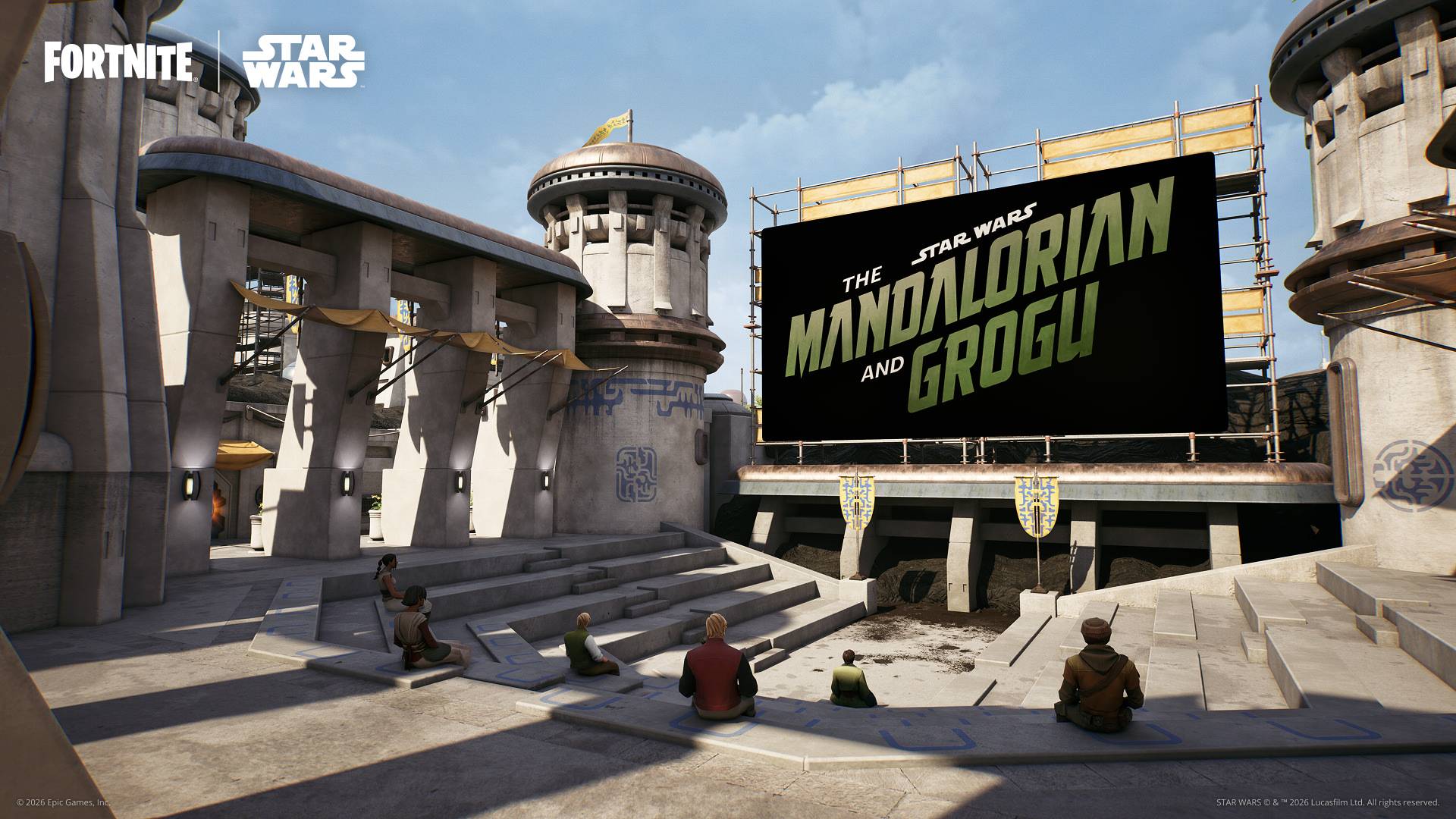 The Mandalorian and Grogu shown in an amphitheater in Fortnite