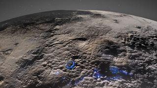 An image of Pluto taken by the New Horizons probe in 2015 with evidence for potential cryovolcanism marked in blue.