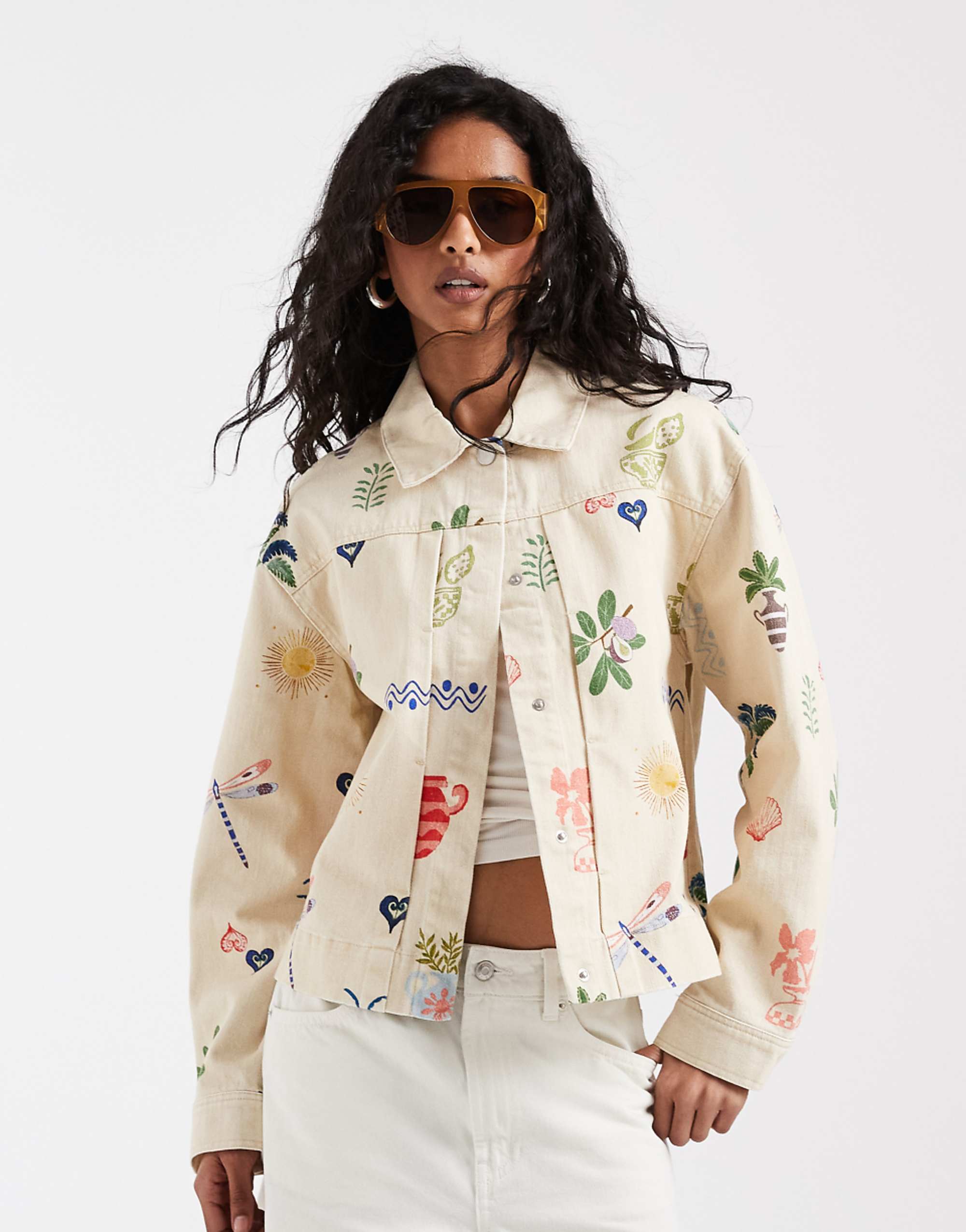 Object Boxy Denim Jacket in Cream Based Summer Conversational Print