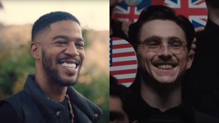 side by side of Kid Cudi in Apple Music ‘Man on the Moon III: The Chosen’ (Zane Lowe Interview) and Timothee Chalamet in Marty Supreme, both are smiling.