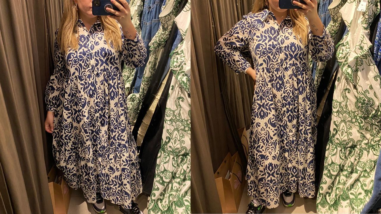 composite of our fashion writer wearing a zara patterned midi shirt dress