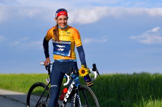 DRTENDORF GERMANY MAY 28 Lucinda Brand of Netherlands and Trek Segafredo yellow leader jersey during the 34th Internationale LOTTO Thringen Ladies Tour 202 Stage 4 a 101km stage from Drtendorf to Drtendorf 420m ltlt2021 lottothueringenladiestour womencycling on May 28 2021 in Drtendorf Germany Photo by Luc ClaessenGetty Images