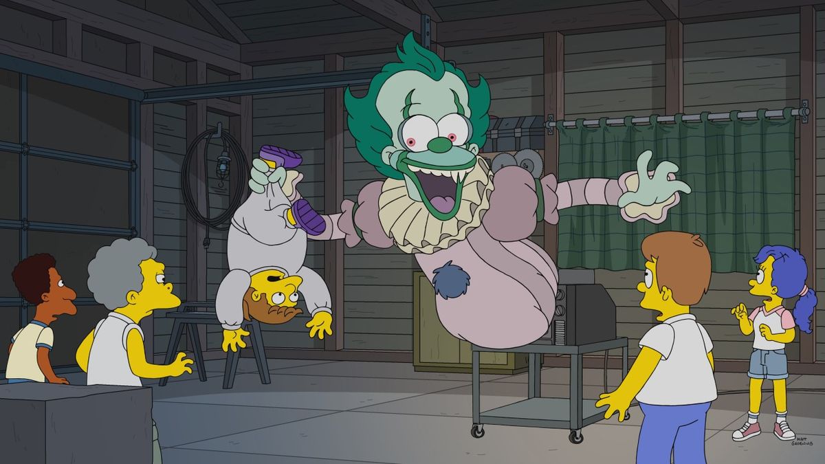 Krusto the Clown coming out of TV and holding Comic Book Guy in The Simpsons&#039; Not IT special