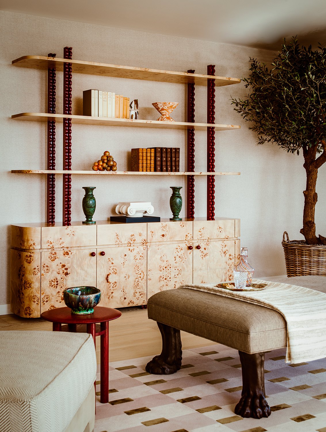 living room with burl wood bookcase