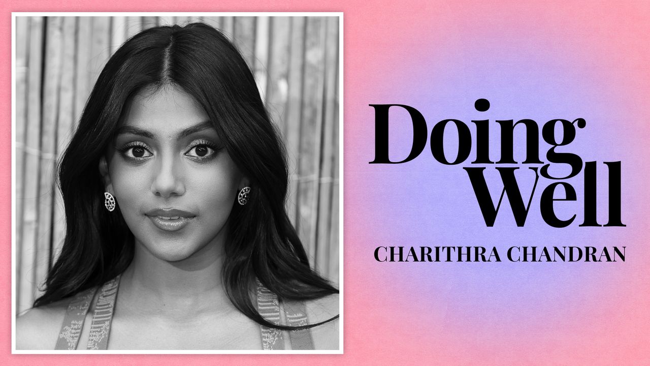 Charithra Chandran on a pink and purple ombré background with the text &quot;Doing Well&quot; 