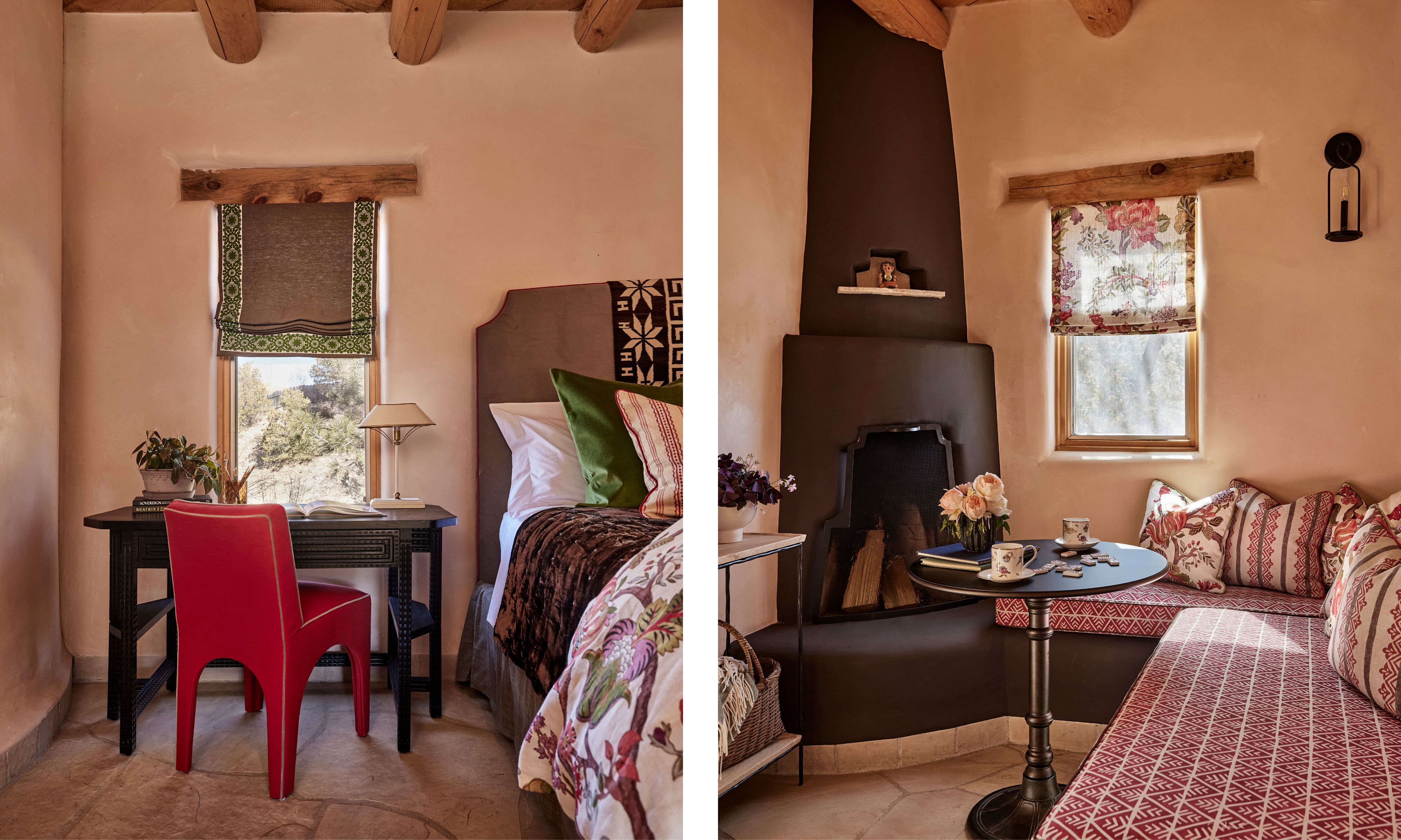 two side by side images of an earthy plastered bedroom with a built-in fireplace and banquette nook
