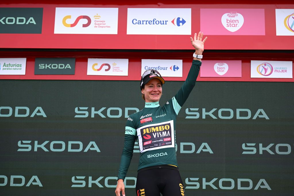 MIRADOR DE PEAS LLANAS SPAIN MAY 05 Marianne Vos of The Netherlands and Team JumboVisma celebrates at podium as Green points jersey winner during the 9th La Vuelta Femenina 2023 Stage 5 a 1292km stage from La Cabrera to Mirador de Peas Llanas 1479m UCIWWT on May 05 2023 in Mirador de Peas Llanas Spain Photo by Dario BelingheriGetty Images