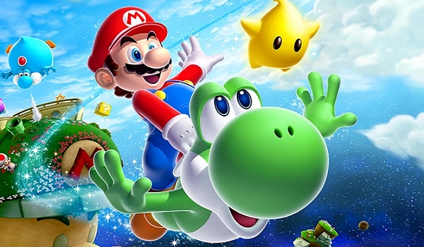 Mario and Yoshi soar through the galaxy