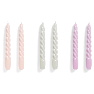 Set of 6 pastel spiral candles in lilac, light pink, and grey