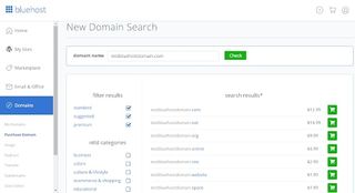Bluehost's domain registration window within its user interface