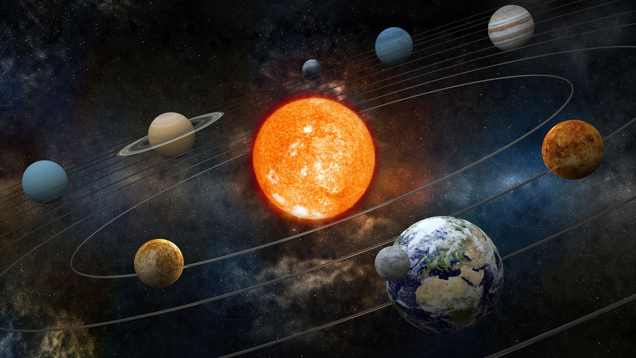 Neptune retrograde 2023: &quot;Solar system model with sun at the center, nine planets and moon orbiting. High resolution 3D render.Opacity and bump textures for the earth and other planets map prepared via tracing images from www.nasa.gov.Earth