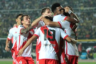 River Plate players celebrate a goal against Deportivo Tachira in the Copa Libertadores in April 2024.