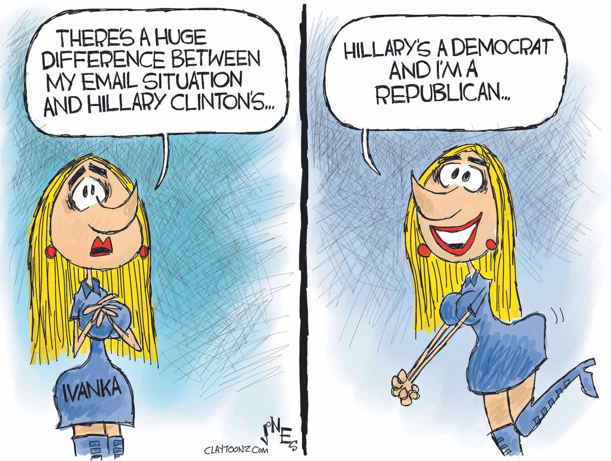 Political cartoon U.S. Ivanka Trump personal email use Hillary Clinton ...