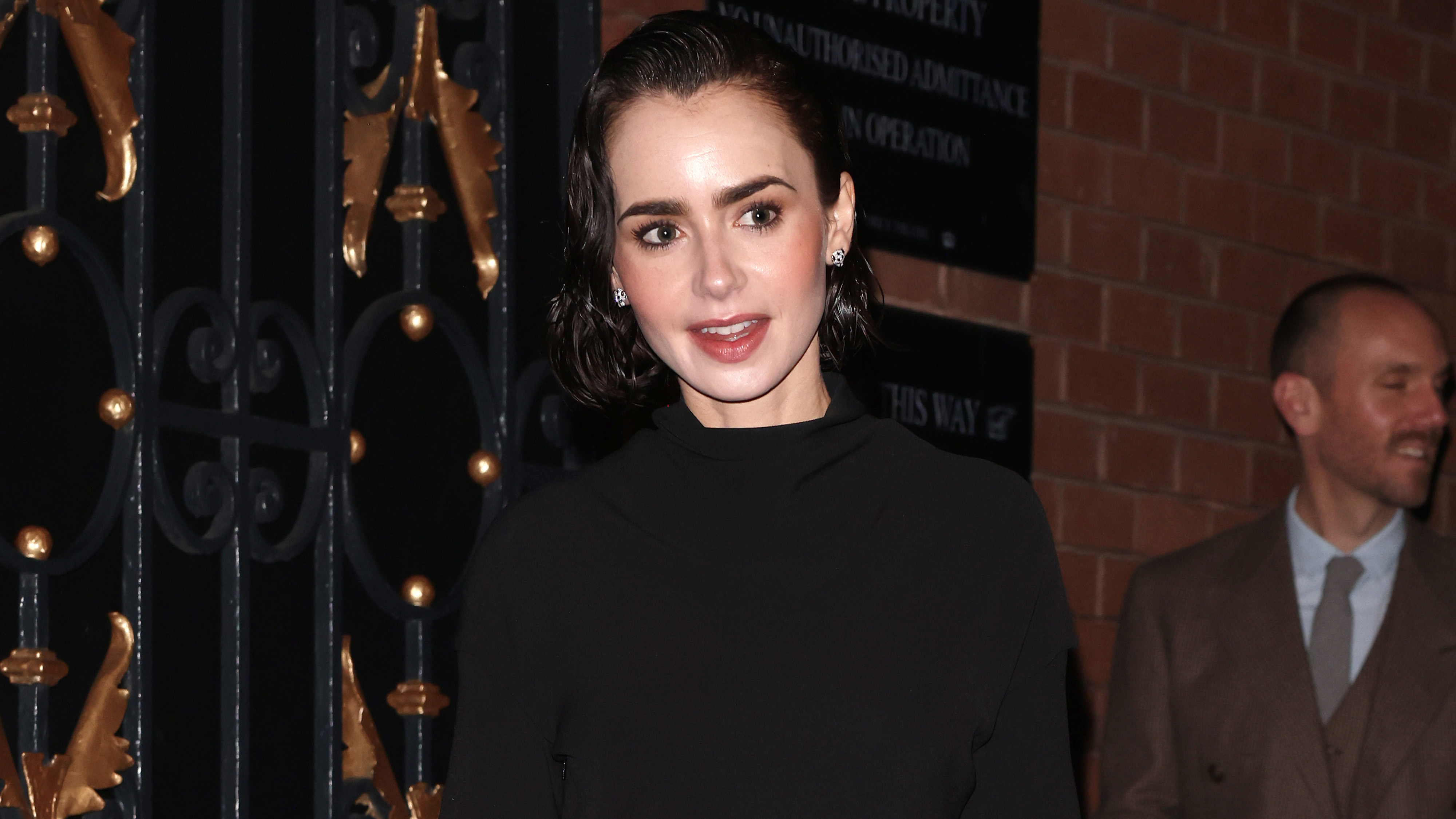 Lily Collins leaving the Barcelona West End press night at the Duke Of York’s Theatre on October 30, 2024 in London, England.