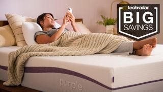 Best Purple mattress sales and deals: a person lying on a Purple Plus mattress, looking at her phone, with a badge overlaid saying 'BIG SAVINGS'