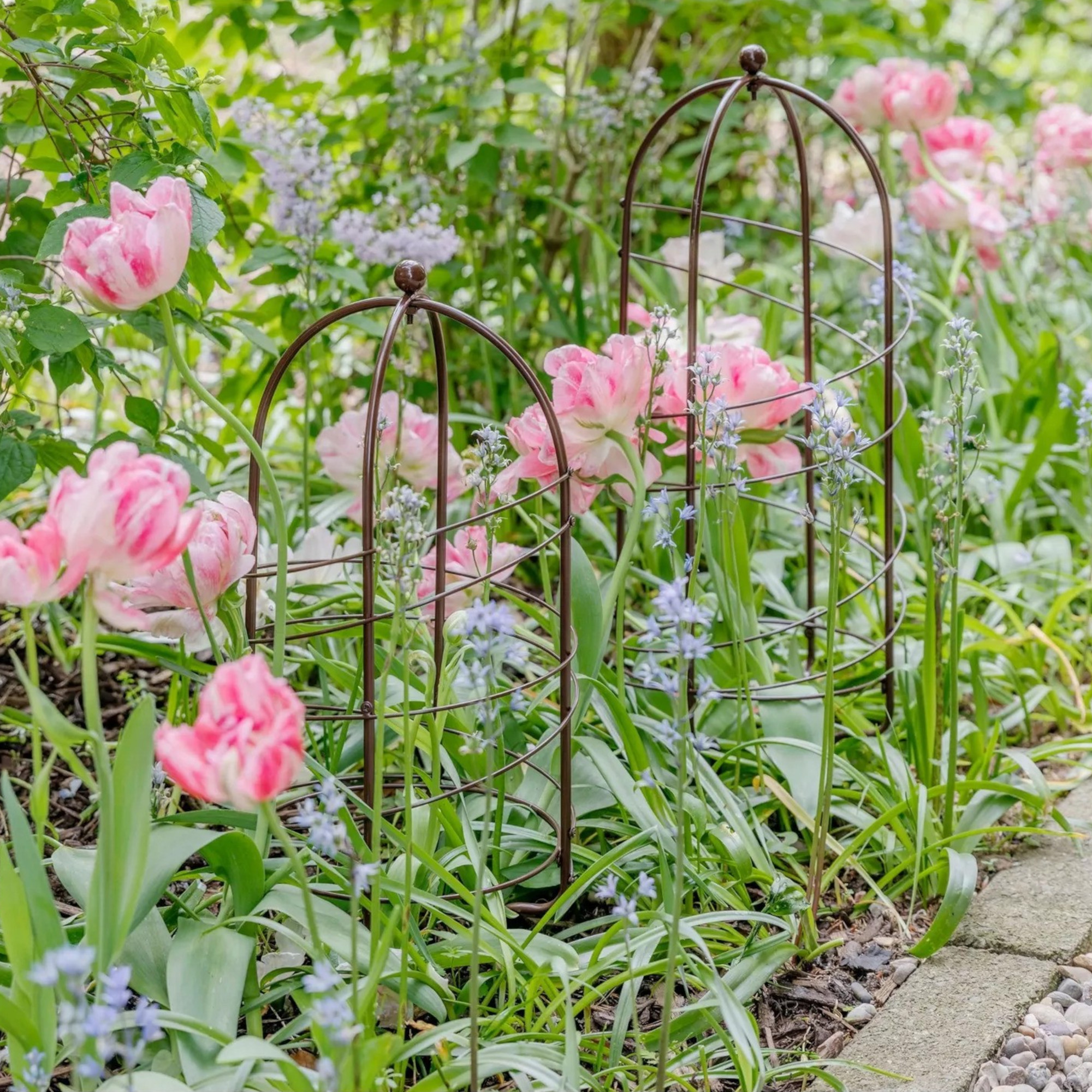 ivyline obelisk plant support supporting tulips in a garden 