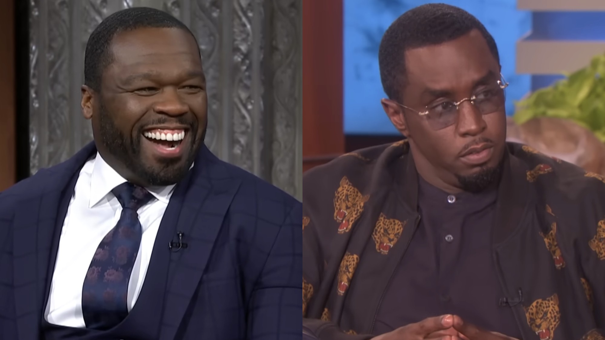 Curtis "50 Cent" Jackson laughs on The Late Show with Stephen Colbert, while Sean "Diddy" Combs speaks on Ellen.