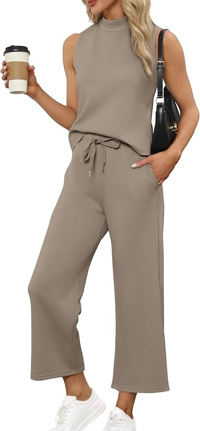 SAMPEEL, Sampeel 2 Piece Outfits for Women 2024 Fashion Lounge Sets Wide Leg Pants 2 Piece Summer Outfits Sleeveless Mock Neck Tops Matching Sets Vacation Tracksuit M
