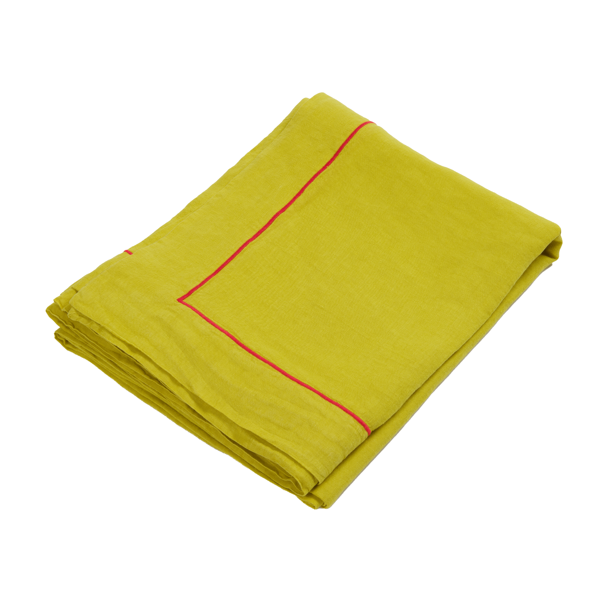 a bright green table cloth with a red border folded up