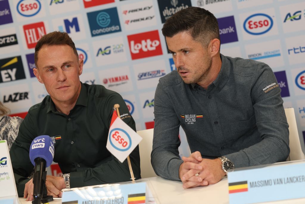 New national elite and U23 coach for Belgium, Serge Pauwels (left), attends press conference with new coach U17-19 road/ cyclocross coach Angelo De Clercq 