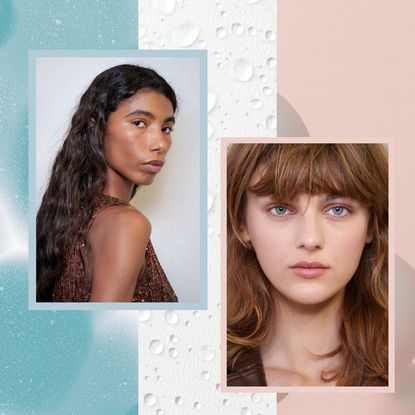 blue white and pink molecules with two women with good skin 