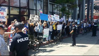 Protesters outside of CNN's Los Angeles bureau.