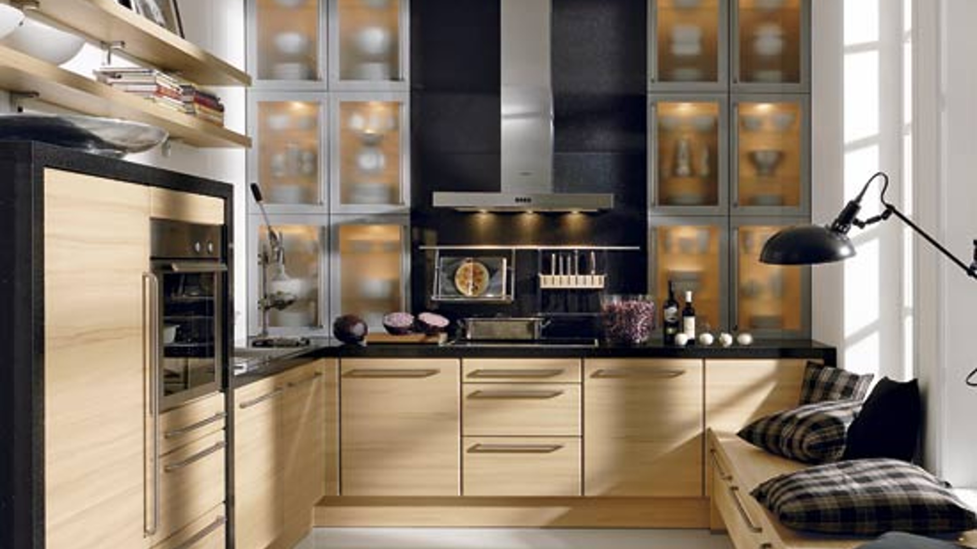 kitchen with white flooring and wooden drawers