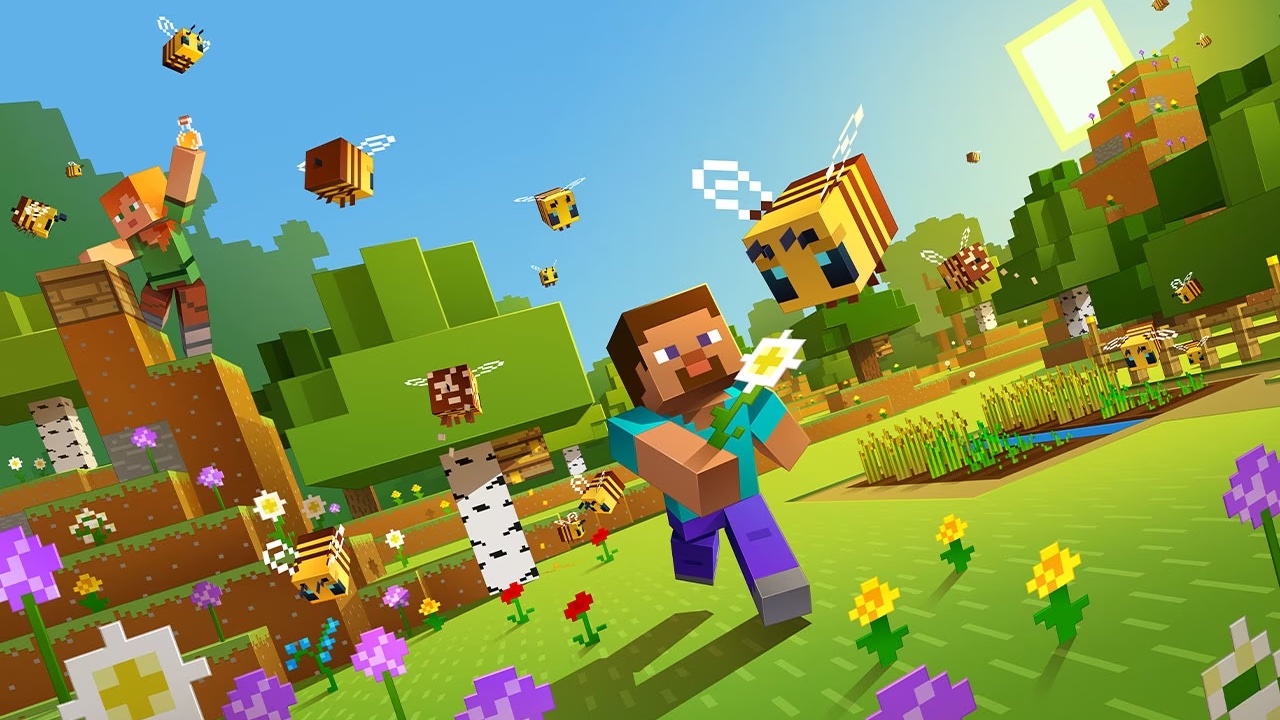 Minecraft character running through a field of bees