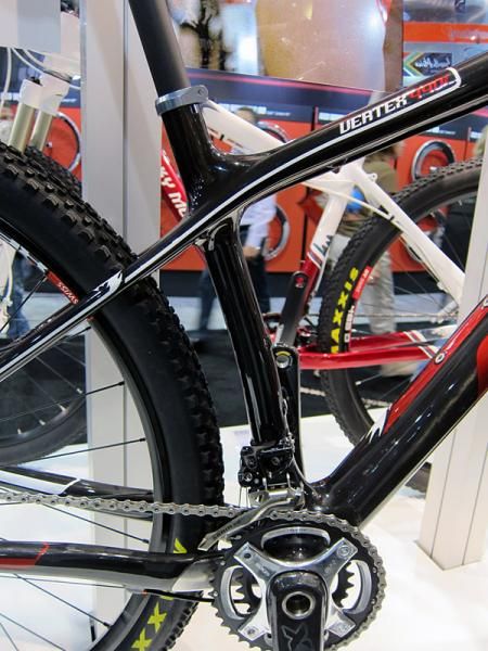 The seat tube on Rocky Mountain's new Vertex RSL carbon 29er frame is kinked for greater tire clearance and shorter chain stays as well as slightly tapered from top to bottom.