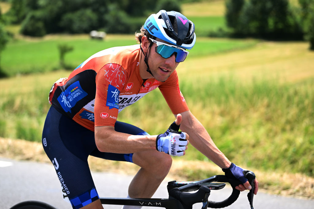 AUTERIVE FRANCE JUNE 19 Michael Woods of Canada and Team Israel Premier Tech Red Leader Jersey competes during the 46th La Route dOccitanie La Depeche du Midi 2022 Stage 4 a 1883km stage from Les Angles to Auterive RDO2022 on June 19 2022 in Auterive France Photo by Dario BelingheriGetty Images