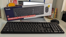 Trust Ody II Silent Wireless Keyboard and mouse on a desk with box in background