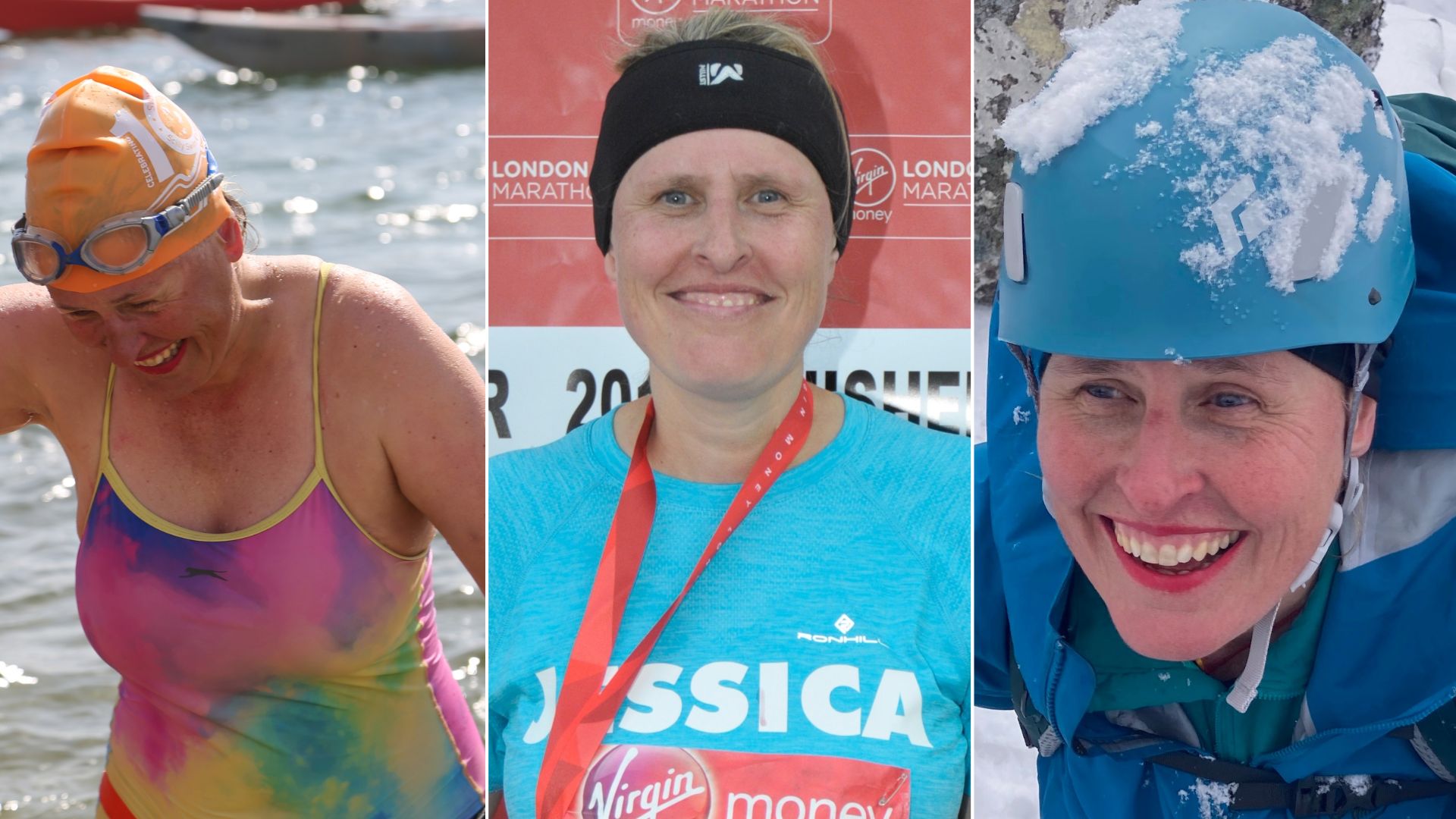 Jessica Hepburn completing the three stages of the Sea, Street, Summit Challenge - finishing her swim across the Channel, receiving her marathon medal, and summiting Mount Everest