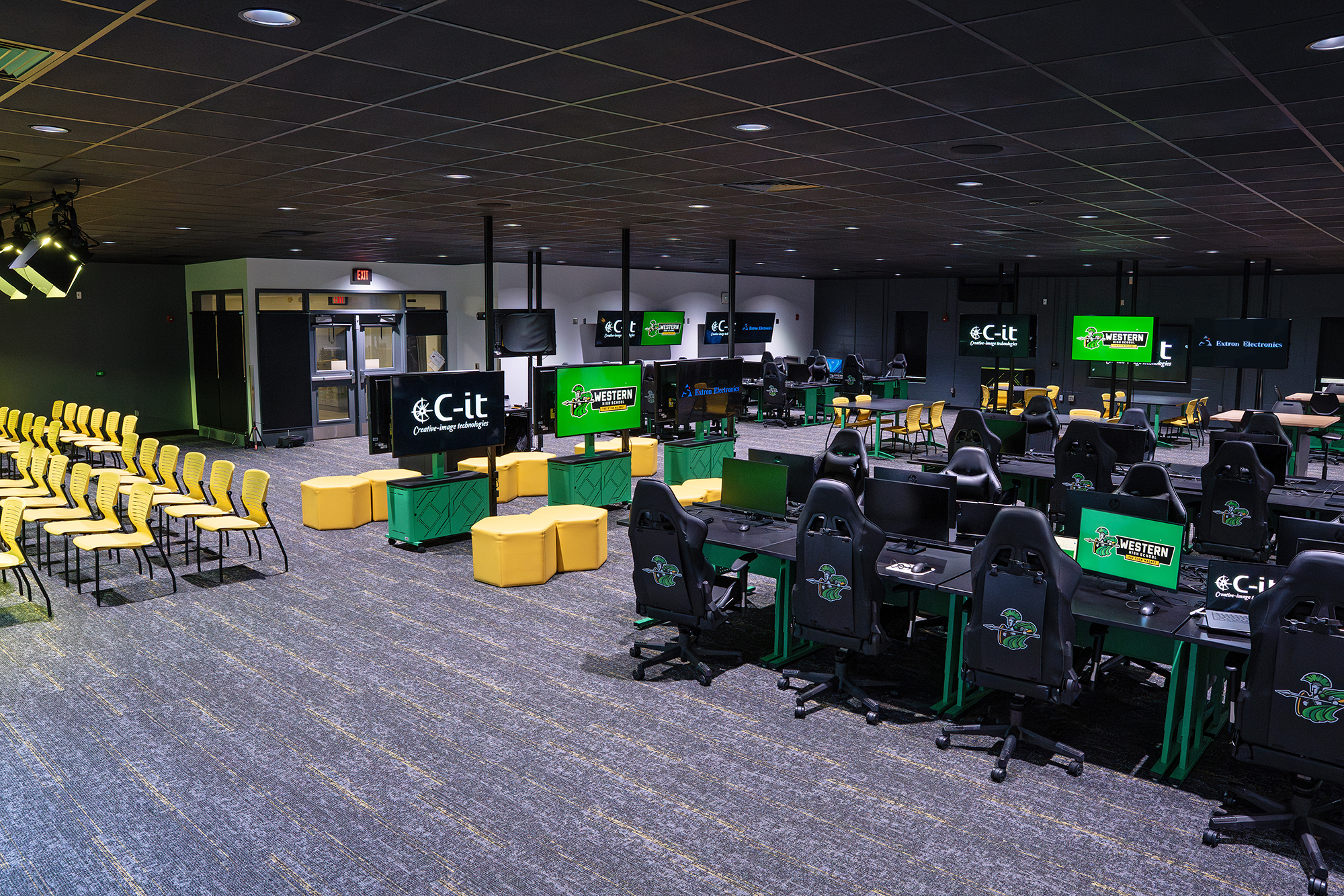 Western High School's neon green and yellow esports lounge.