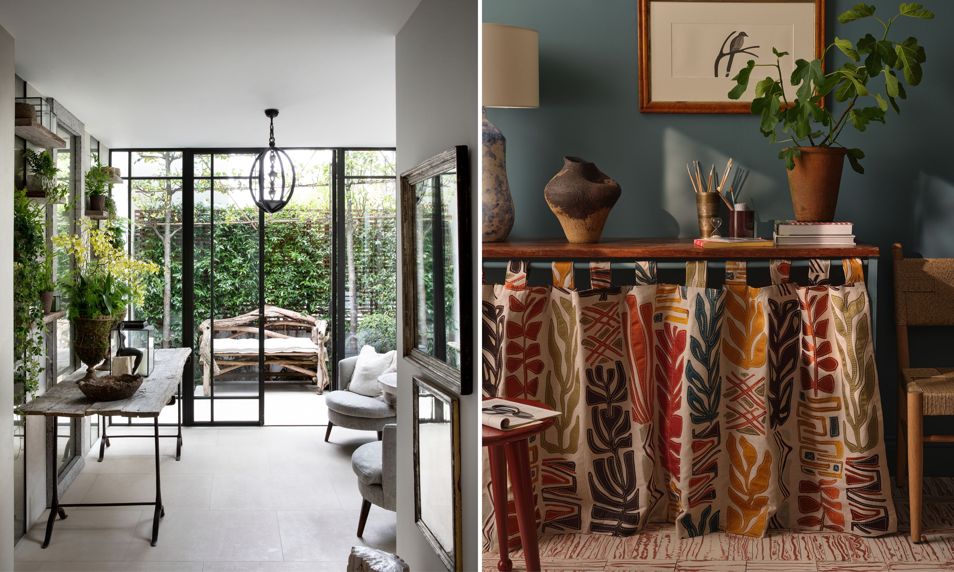 A split image showing a sunlit entryway with glass doors leading to a courtyard garden, and a cozy room vignette featuring a console table draped in a patterned curtain and topped with a potted plant.