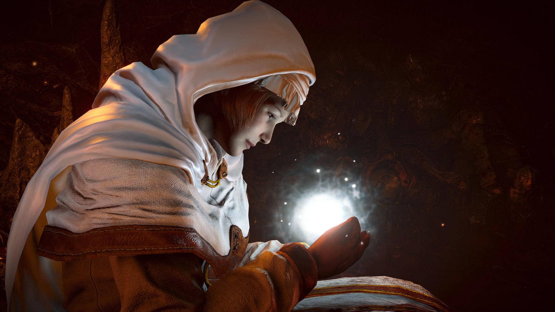 Maiden Astrea looks at a glowing orb of light in her hands in Demon's Souls
