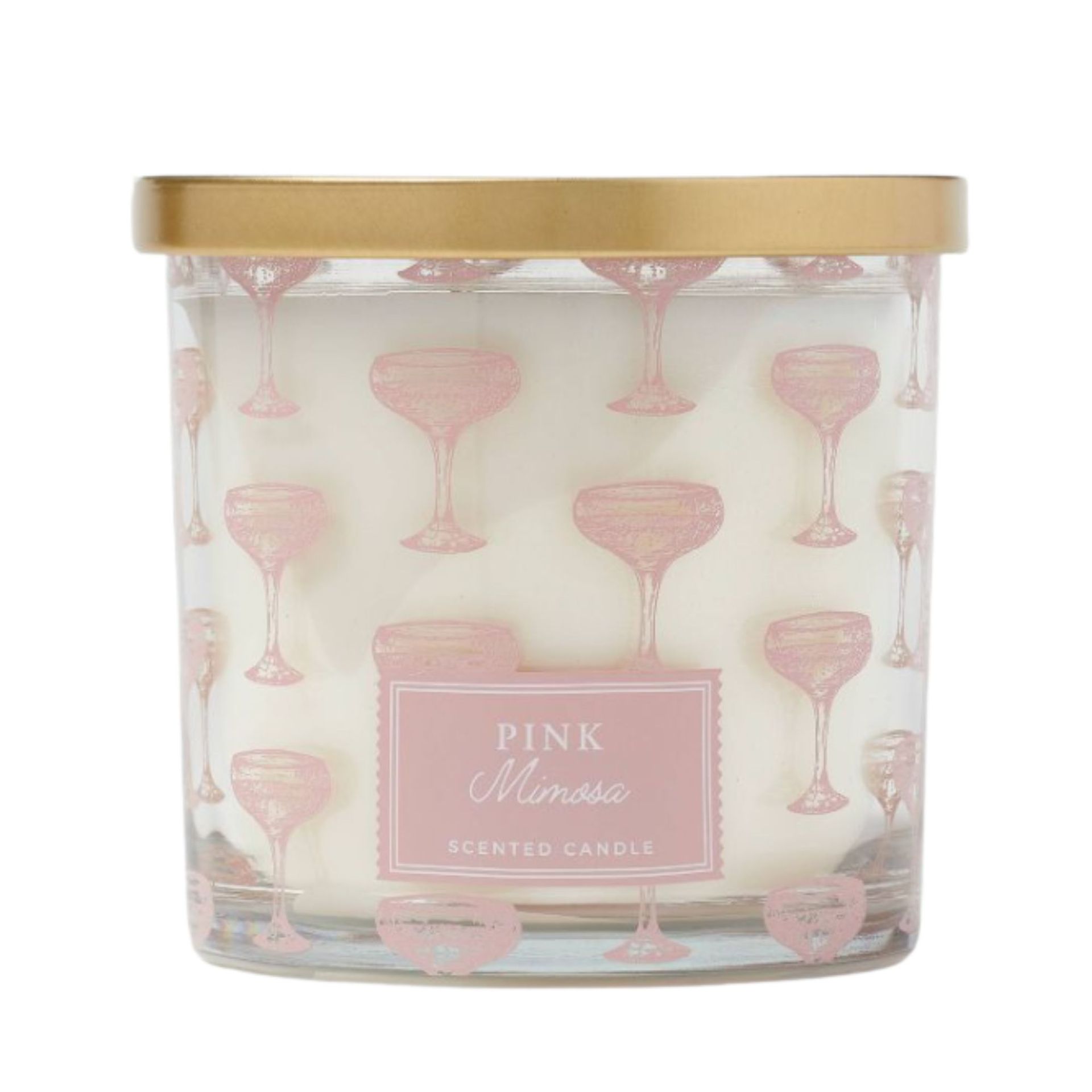 Sebuah lilin yang dihiasi dengan ilustrasi mimosa merah muda