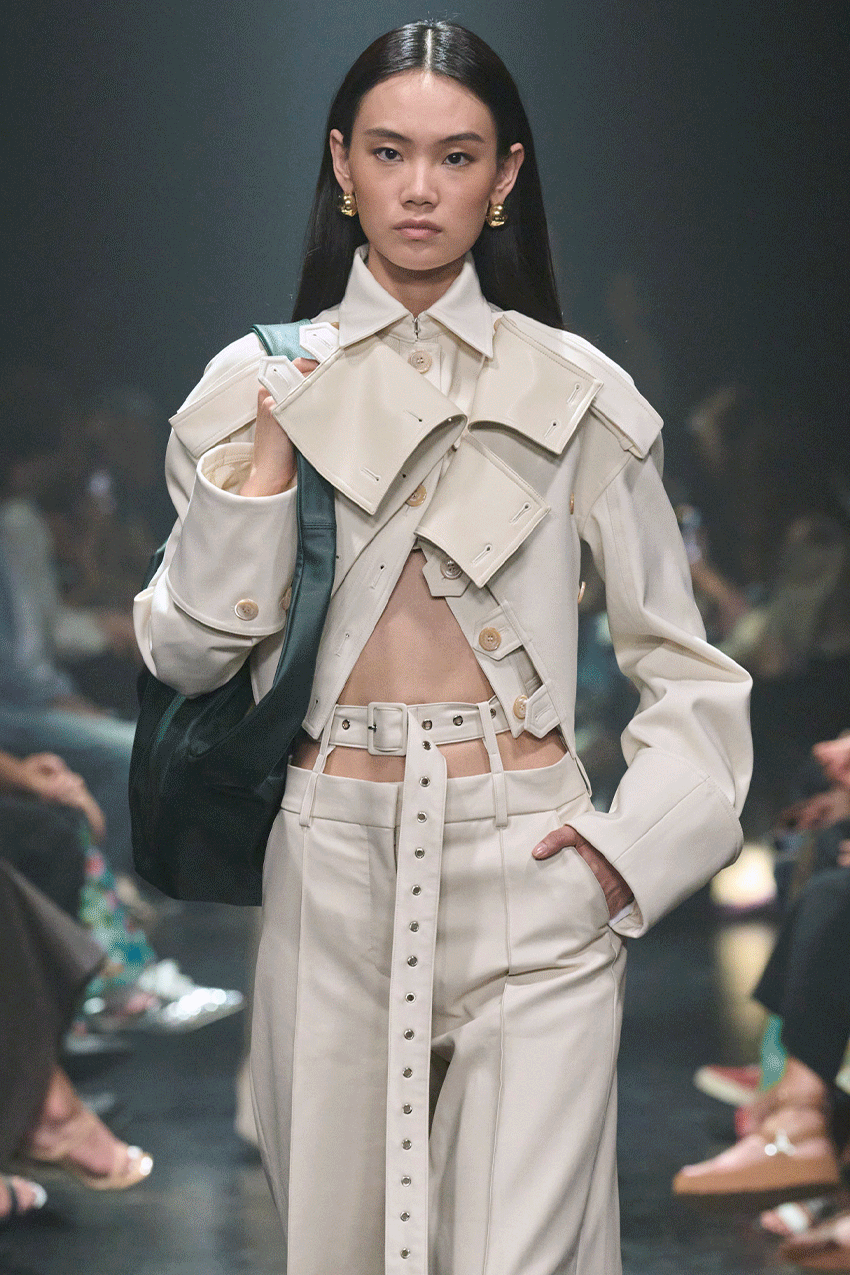 three images of models wearing hobo bags on the runway
