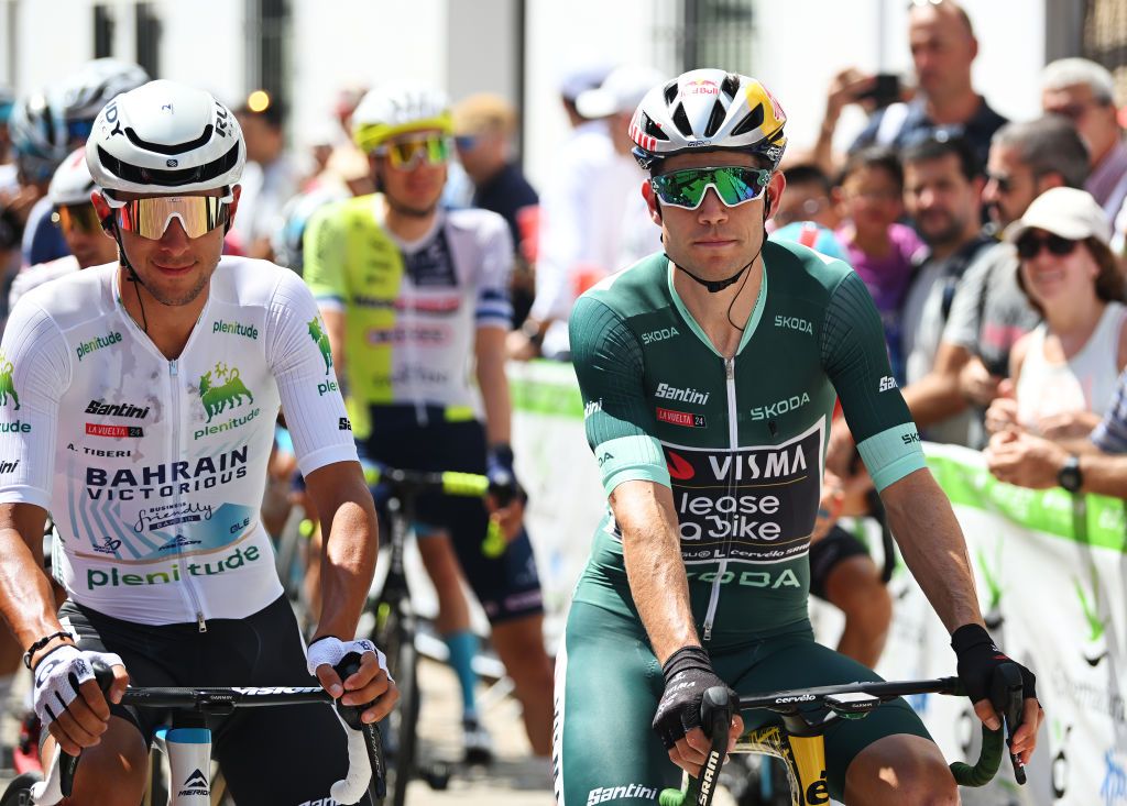 FUENTE DEL MAESTRE SPAIN AUGUST 21 LR Antonio Tiberi of Italy and Team Bahrain Victorious White Best Young Rider Jersey and Wout van Aert of Belgium and Team Visma Lease a Bike Green Points Jersey prior to La Vuelta 79th Tour of Spain 2024 Stage 5 a 177km stage Fuente del Maestre to Seville UCIWT on August 21 2024 in Fuente del Maestre Spain Photo by Dario BelingheriGetty Images