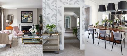 Three examples of, how often should you replace your carpet? Modern living room with patterned carpet, bedroom looking out into corridor with beige carpet, wallpapered walls. Modern dining room with beige carpet, wooden dining table, black chairs, black pendants