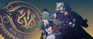Zenless Zone Zero - A green haired girl in a maid uniform and a white fox man in a vest stand in front of a Victoria House Keeping insignia.