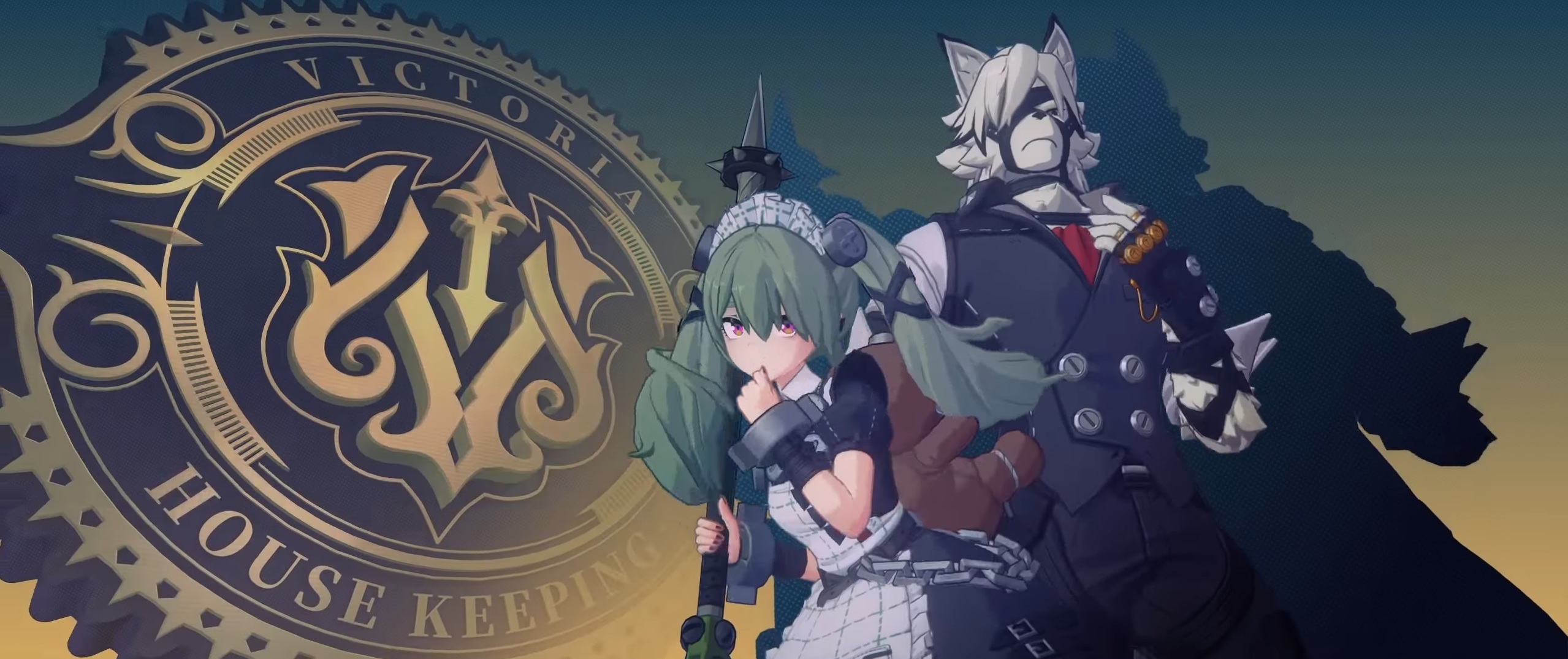 Zenless Zone Zero - A green haired girl in a maid uniform and a white fox man in a vest stand in front of a Victoria House Keeping insignia.