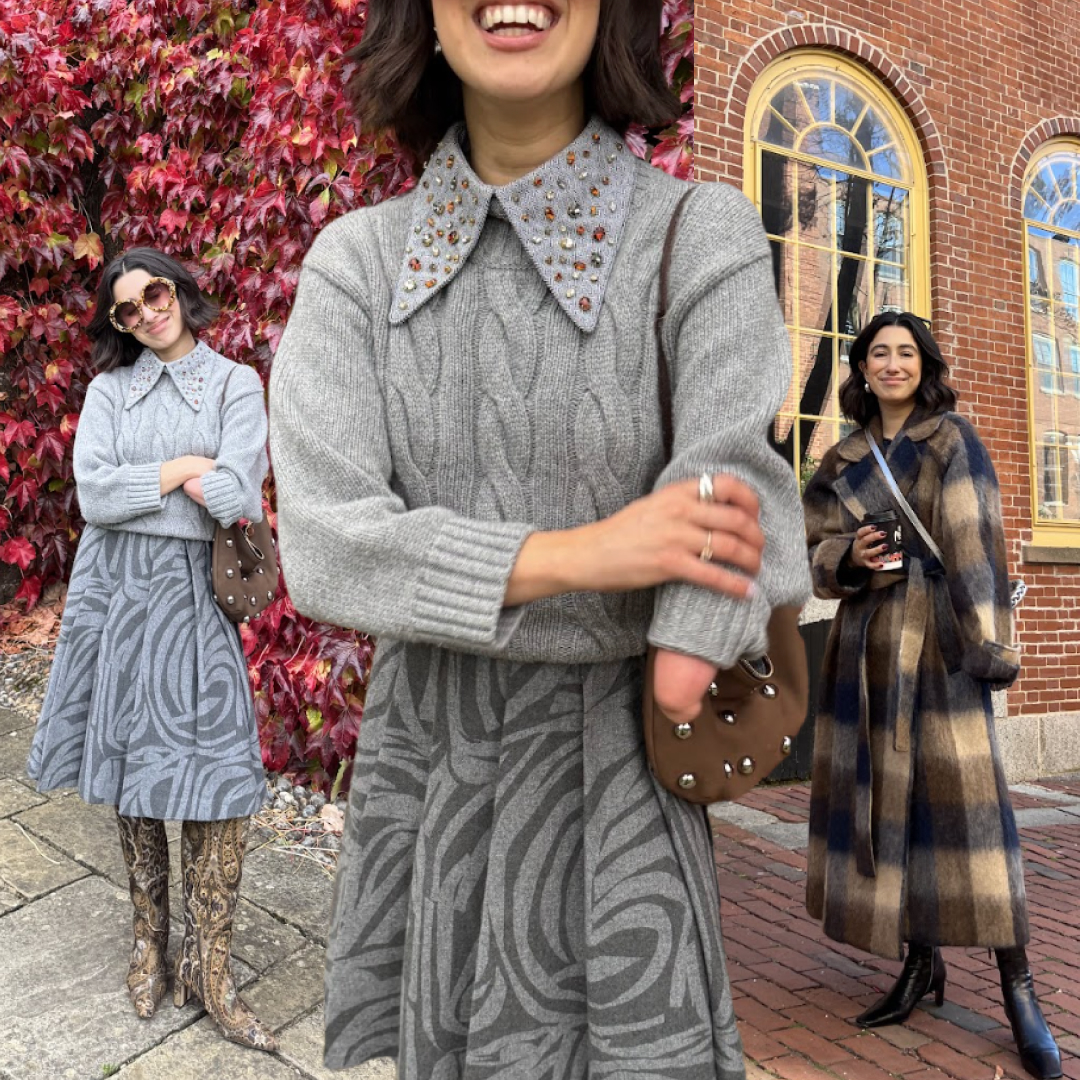 April Lockhart wearing a skirt with a sweater and boots