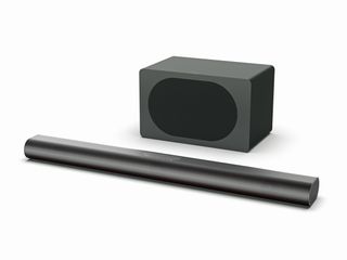 a black soundbar and subwoofer from Philips