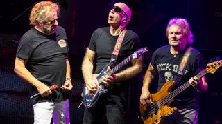 Sammy Hagar, Joe Satriani and Michael Anthony share a moment on the Best Of All Worlds Tour